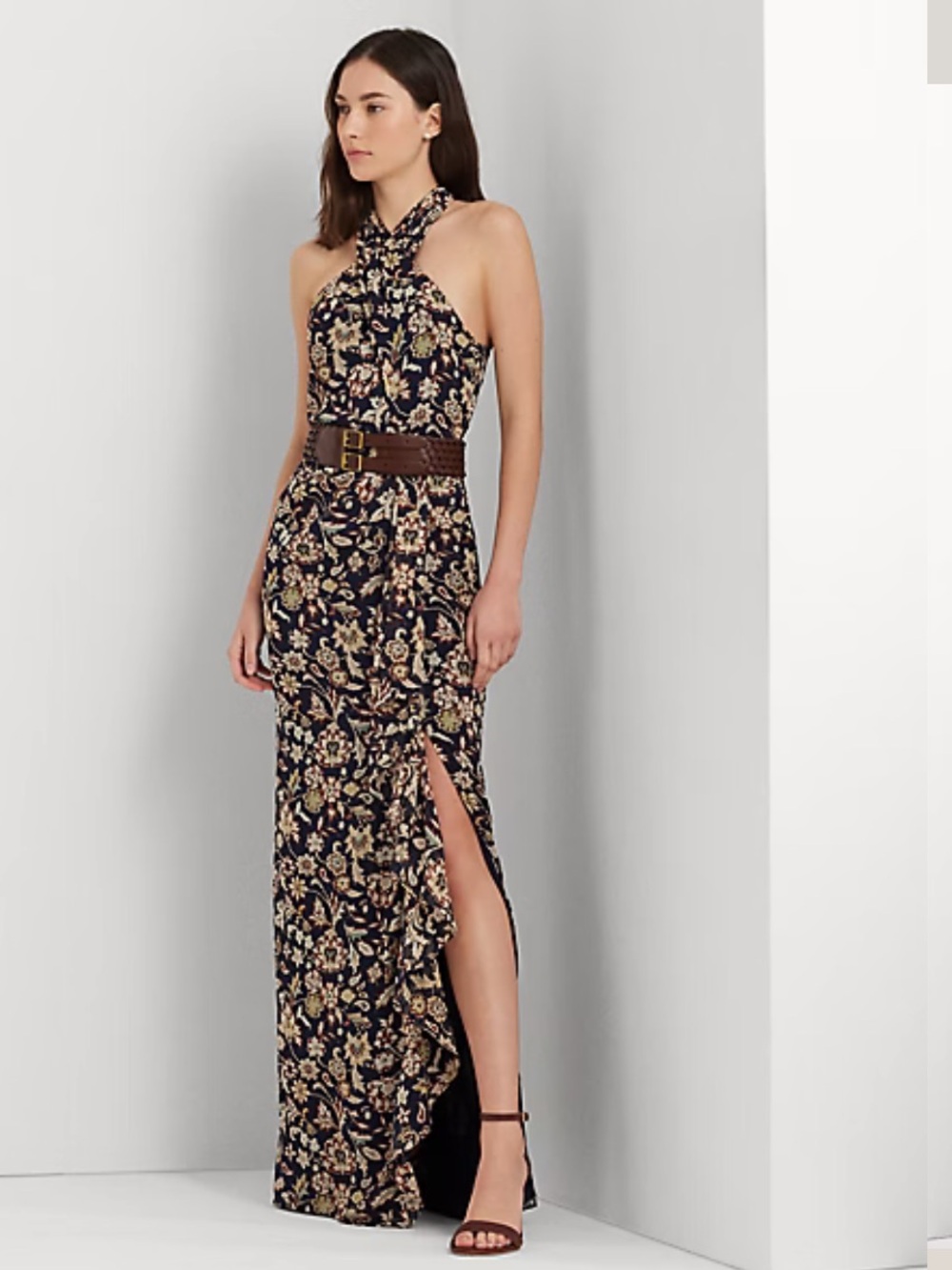 Lauren Ralph Lauren Navy Floral Halter Maxi Dress with Brown Belt Accent